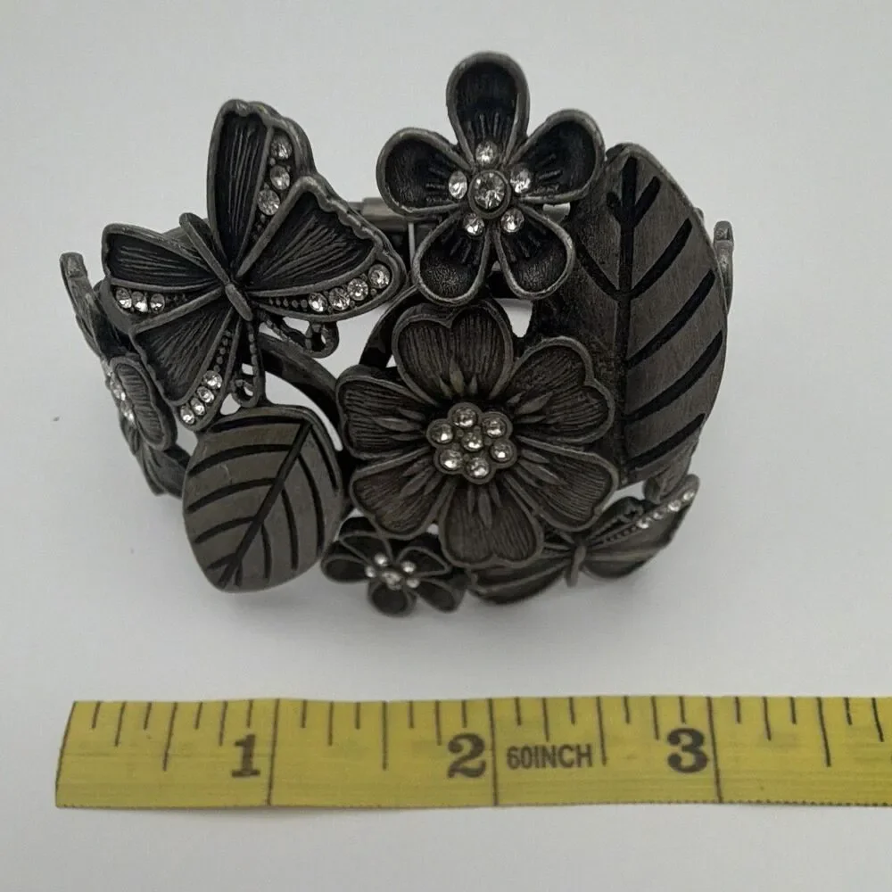 Black Tone Floral Butterfly Leaf Hinged Cuff Bracelet Clear Rhinestones